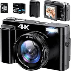 Digitālā kamera 4K 48MP kamera ar 32 GB karti, kompakta kamera, automātiskais fokuss, 3 collu 180° pārslēgta ekrāna kamera ceļojumiem ar 2 baterijām, digitālā kamera 16x digitālā tālummaiņa ar zibspuldzi