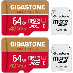 Gigastone 4K Game Pro 64 GB MicroSDXC atmiņas karte 2 pakotnēs un SD adapteris ar A2 lietotnes veiktspēju līdz 95 MB/s 4K video ierakstīšanai, savietojams ar slēdzi, Micro SD karte UHS-I U3 V30 10. klase