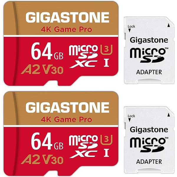 Gigastone 4K Game Pro 64GB MicroSDXC Memory Card 2-Pack and SD Adapter with A2 App Performance up to 95MB/s for 4K Video Recording, Compatible with Switch, Micro SD Card UHS-I U3 V30 Class 10