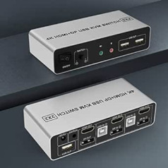 Dual Monitor KVM Switch HDMI + DisplayPort 2 Port, Supports EDID, 4K @ 60Hz Extended Display KVM Switch 2 Monitors 2 Computers with Audio Microphone Output and 3 USB Ports, PC Monitor KVM Switcher