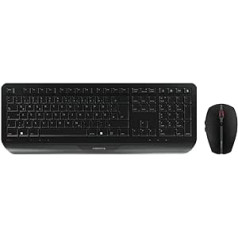 CHERRY GENTIX DESKTOP bezvadu tastatūras un peles komplekts, vācu izkārtojums, QWERTZ tastatūra, izturīgs taustiņu marķējums, ergonomisks dizains, darbināms ar baterijām, melns