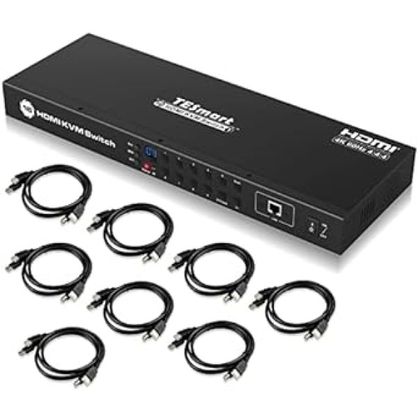 TESmart HDMI KVM slēdzis 4K 60Hz 16 portu HDMI KVM konsoles statīva stiprinājuma slēdzis ar 8 x 1,5 m KVM kabeli, ievades vadību līdz 16 datoriem/serveriem, USB 2.0 ierīci RS232, LAN porta vadības slēdzi