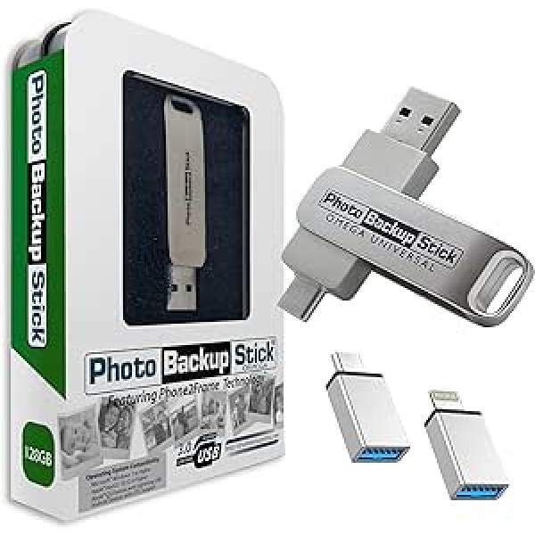 Photo Backup Stick Omega universālā attēlu un video dublēšana jebkurai ierīcei — iPhone, Android, dators, planšetdatori (128 GB).