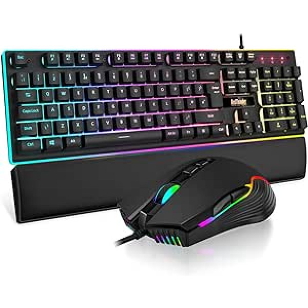 RedThunder K10 vadu spēļu tastatūra un pele, Lielbritānijas izkārtojums Īsts RGB aizmugurgaismojuma, ergonomiska pret spoku veidošanās tastatūra + 7D 7200 DPI pele PC Mac (melna)