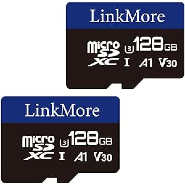 LinkMore 128 GB Micro SDXC karte (2 iepakojumā), A1, UHS-I, U3, V30, saderīga ar 10. klasi, lasīšanas ātrums līdz 95 MB/s, rakstīšanas ātrums līdz 50 MB/s, iekļauts SD adapteris