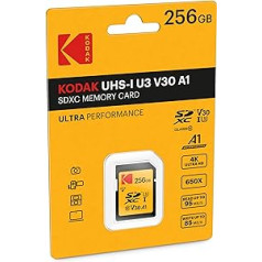 Kodak Ultra SD atmiņas karte 256 GB, UHS-I U3 V30, Class10, lasīšanas ātrums līdz 95 MB/s un rakstīšanas ātrums līdz 85 MB/s