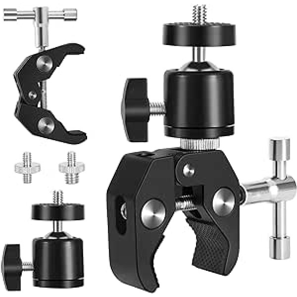 Super Clamp statīva komplekts ar šarnīrveida lodgalvu Hot Shoe statīva galva ar 1/4 collu 3/8 collu vītnes adapteri, caurumiem regulējams skavas statīvs kamerām, zibspuldze, statīvs, LCD/DV monitors