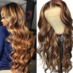 Bele Real Hair parūka, melnas sievietes, Highlight 4/27, 13 x 6 (33x15 cm), T-Part Body Wave mežģīņu priekšējā parūka, 150% blīvums, Ombre 4/27 Body Wave mežģīņu parūka, iepriekš noplūkta ar bērnu