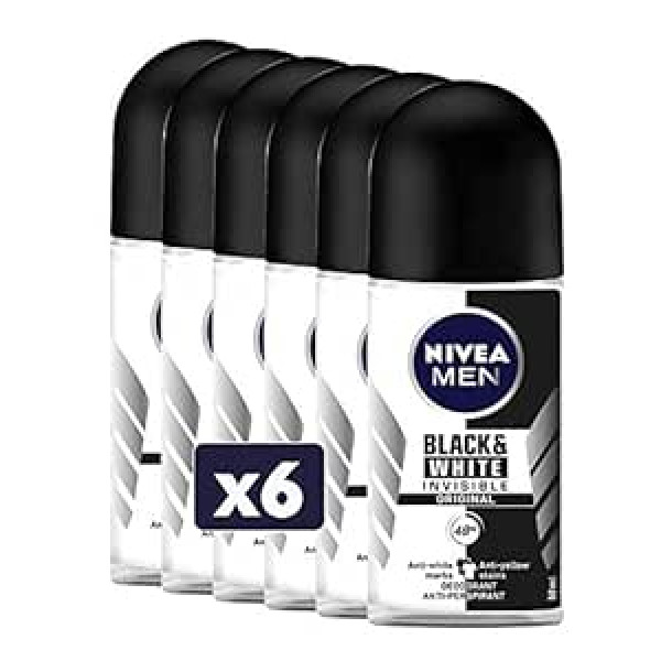 Nivea Invisible Black & White Deodorant для мужчин, шариковый антиперспирант 48 часов, 50 мл, 6 шт. в упаковке