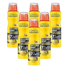 L'oréal Men Expert Invincible Sport vīriešu dezodorants, ilgstoša aizsardzība pret sausumu, nesatur alkoholu, vīriešu koksnes aromāts, iepakojums 6x 150 ml