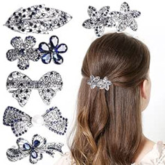 Aswewamt Pack of 6 Hollow Blue Vintage Hair Clips Rhinestone Bow Hair Clips Pearls Retro Hair Pins Flower Hair Clips for Women Girls Valentine's Day Mother's Day