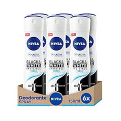 Nivea Black & White Invisible Fresh Air Freshener Spray 6 x 150 мл, дезодорирующий спрей, свежий и не оставляющий разводов спрей-антиперспирант, защищает кожу и одежду