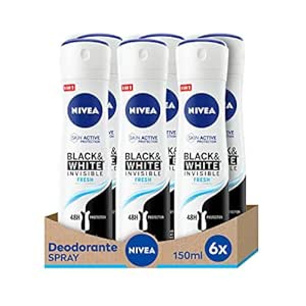 Nivea Black & White Invisible Fresh Air Atsvaidzinātājs Spray 6 x 150 ml, Dezodorants Spray Fresh un bez svītrām, pretsviedru aerosols aizsargā ādu un apģērbu