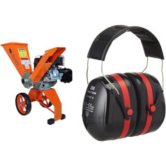 Forest Master FM6DD benzīna 4-taktu dzinēja koka dārza šķeldotājs, 6 ZS, oranžs, 780 x 480 x 910 mm un 3M Peltor Optime III Cup ausu aizsargi, melns/sarkans, regulējams izmērs