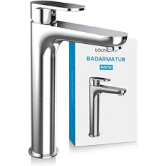 Bächlein Tall Bathroom Tap in Classic Design, Extra High Single Lever Mixer Tap for Countertop Washbasins with Mounting Set, Bathroom Tap Chrome - Classic High