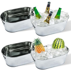 Pack of 4 Galvanised Buckets for Parties, 15 L Large Metal Ice Bucket, Oval Large Tin Drinks Container, Galvanised Tub for Drinks, Wine, Soda Water, Beer, Cocktails, Bar Accessories (Silver)