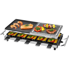 ProfiCook 2in1-Raclette-Grill, Raclette 10 Personen, Raclette mit Steinplatte u. Grillplatte, anti-haftbeschichtet, wärmeisolierte Griffe, stufenloses termostats, 1700 vati, Edelstahl, PC-RG 1144