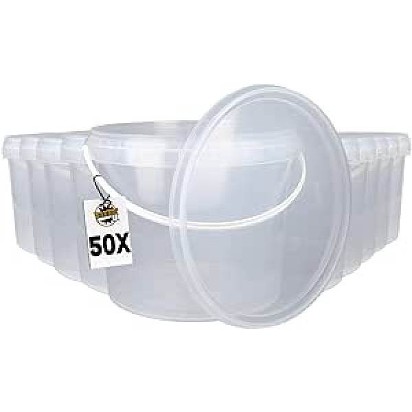 50x Eimer mit Deckel 5l Transparent Rund | Kunststoff Eimer Lebensmittelecht, luftdicht und stabil | Leer Eimer mit Griff und Deckel für Lebensmittel Chemie Waschpulver Klebstoffe geeignet