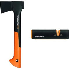 Fiskars universālais cirvis, komplektā ir asmens un transportēšanas aizsardzība, garums: 35,5 cm, X7-XS un Fiskars cirvju un nažu asināmais, Xsharp