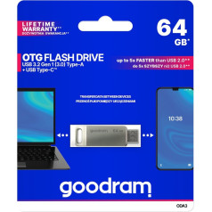 Goodram Pendrive 64GB, divi USB 3.2 + USB-C OTG ODA3 savienotāji, sudraba