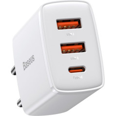 Kompakts ātrais sienas lādētājs 2x USB USB-C 30W 3A PD QC balts