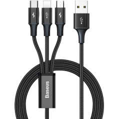 3in1 universāls USB-C Lightning microUSB kabelis uzlādei un datiem, 1,2 m, melns