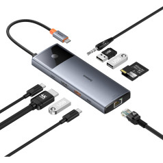 11in1 centrmezgla adapteris USB-C uz USB-C PD USB-C 3x USB-A HDMI AUX RJ-45 SD TF pelēks