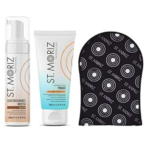 St. Moriz profesionālais komplekts: putas 200 ml + gruntējums 200 ml + aplikatora cimds 1 gabals (vidējs)