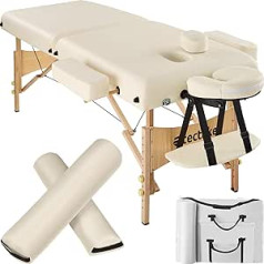 Tectake masāžas galds 2 zonas, saliekams masāžas galds ar 7,5 cm polsterējumu, mobilais masāžas galds, galvas un roku balsts, masāžas sols ar koka kājām, 2 glabāšanas riteņi, soma, bēšs