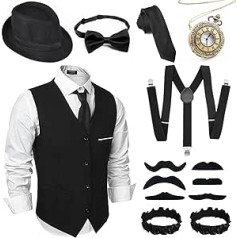 Alintor 20s Men's Accessories, Carnival Mafia Costume Men, Peaky Blinders Costume, 20s Accessories, Panama Hat Vintage Pocket Watch, Vest Bow Tie Adjustable Braces Tie Set (L)