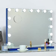 Dayu Hollywood kosmētikas spogulis ar 15 apgaismojuma LED gaismu, 3 krāsu aptumšojams kosmētikas spogulis ar USB montāžai pie sienas, Smart Touch Control, 58 x 46 cm, zils