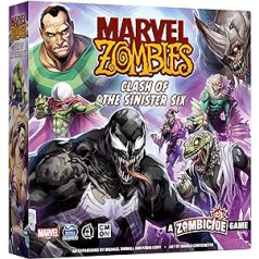 Marvel Zombies Clash of The Sinister Six Expansion — stratēģijas galda spēle, sadarbības spēle bērniem un pieaugušajiem, galda spēle zombijiem, vecumā no 14 gadiem, 1–6 spēlētāji, 90 minūšu spēlēšanas laiks, izgatavots