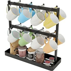 YUMORE Coffee Mug Holder, Stand, 16 Cup Hooks, Countertop, Cup Tree Holder, Rack with Storage Base, 2 Tiers, Counter Cups, Cups, Display, Storage Organizer for Kitchen, Tea,