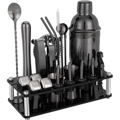 23 Piece Cocktail Shaker Set Bartender Set with Acrylic Stand & Cocktail Recipe Booklet, Professional Bar Tools for Mixing Drinks, Bar, Party (Includes 4 Whiskey Stones) - Black