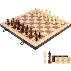 15 Inch Wooden Chess and Lady Playset Classic Folding Board Games with Felted Game Board Interior for Storage, 2 Extra Women's Figure Storage Compartments