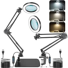 2-in-1 Magnifying Glass with Light and Stand, Jubor 15X 10X LED Magnifying Lamp with Clamp and Base, Desk Lamp with 3 Colour Modes, Dimmable, LED Magnifying Lamp for Hobby Crafts, Workplace Lamp, LED