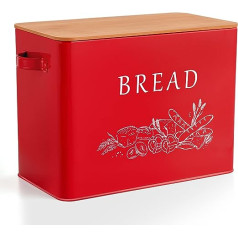 Onader maizes tvertne, metāla maizes tvertne ar bambusa kapāšanas dēļa vāku, īpaši liela maizes tvertne 2 maizītēm, senlaicīga maizes glabātuve virtuves galda virsmai, vietu taupoša un izturīga — sarkana