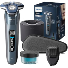 Philips Shaver S7000 — Elektrischer Nass-& Trockenrasierer in Eisblau ar 1 x integrierten ausklappbaren Trimmer, Barttrimme-Aufsatz, Reinigungsstation, Reiseetui & Ladestation (Modell S7882/54)