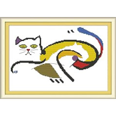 Adult Beginners Cross Stitch Kit Pre-Printed WOWDECOR Abstract Cat Animals 14K Stamped Advanced Embroidery Kits with Pattern