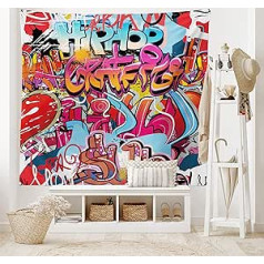 ABAKUHAUS Graffiti Tapestry and Bedspread, Hip Hop Street Art Made of Soft Microfibre Fabric, Washable without Fade, Digital Print, 230 x 140 cm, Red Light Blue