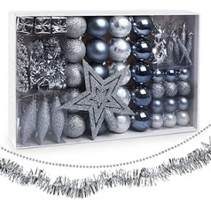 Sweelov Christmas Tree Decoration, 73 Pieces Christmas Baubles, Glitter, Plastic Christmas Tree Decoration, Tree Topper, Garland and Stars, Silver/Grey/Blue, Diameter 6/4 cm