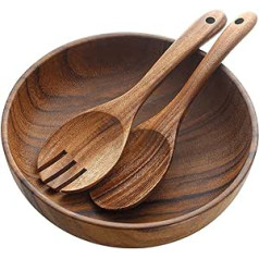AOOSY Salad Bowl and Salad Servers Set, Acacia Wood, 9.8 inch, Wooden Salad Bowl with Wooden Serving Spoon Set, Salad, Mixing Fork and Spoon, Bowl Bowl Kitchen Utensil Set