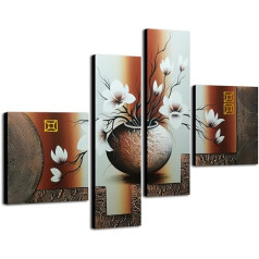 Wieco Art Leinwandbild, gespannt und gerahmt, 100% handgemalt, Heim-Dekoration, Blumen, öl-Gemälde auf Leinwand, 4-er Set, canvas, braun, 16x16inchx2pcs,10x32inchx2pcs