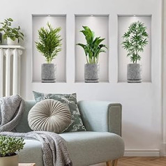 3D Green Plant Wall Stickers, 3 Pieces, Vase Plant Wall Stickers, Vinyl Wall Stickers, DIY Wall Stickers, Self Adhesive for Living Room, Bedroom