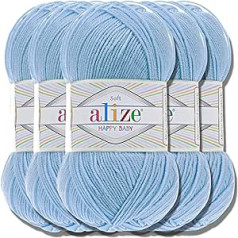 Hobby DZIJA Alize Happy Baby 5 x 100 g Turcijas augstākās kvalitātes akrila vilnas roku adāmā dzija Viegla bērnu vilnas vienkrāsains vilnas pasteļkrāsa zīdaiņiem Amigurumi (Baby Blue 218)