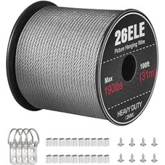 26ELE Picture Hanging Wire 86kg Heavy Duty Stainless Steel Wire Rope Picture Frame Hanging 30m with 20 Crimping Sleeves, 4 D Rings and 8 Screws