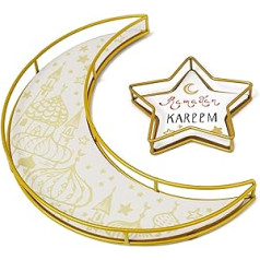 Ramadāna dekorācija, Ramadāna paplāte, Mēness zvaigznes Ramadāna šķīvis, Ramadāna dekorācijas paplātes servēšanas paplāte, Eid Mubaraka dekorācijas galda dekorēšana deserta konditorejas izstrādājumiem Ramadāna dekorēšana (zelta)