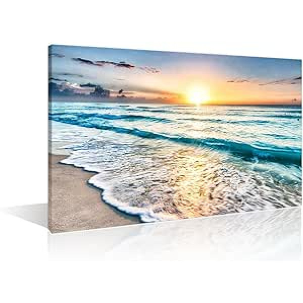 TISHIRON Wall Decor Beach Sunset for Home Modern Decor Glezna ar zilu jūru uz audekla sienas mākslas koka rāmis gatavs pakarināšanai (18 x 12 collas)