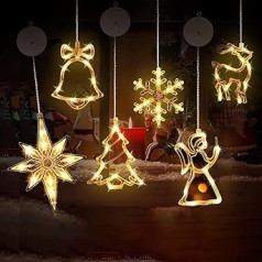 6 LED piesūcekņu Ziemassvētku lampiņu komplekts, LED piekārtā loga gaisma, LED loga gaisma, piesūceknis, Ziemassvētku dekoratīvais loga apgaismojums, ar baterijām darbināmas Ziemassvētku lampiņas, zvaigžņu mēness pasaku gaismas