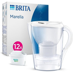 BRITA Marella ūdens filtra krūze, balta (2,4 l) ar 12 x Maxtra Pro universālo kasetni (ikgadējā krājumā) — filtrs kaļķakmens, hlora, svina, vara un garšu traucējošu vielu samazināšanai